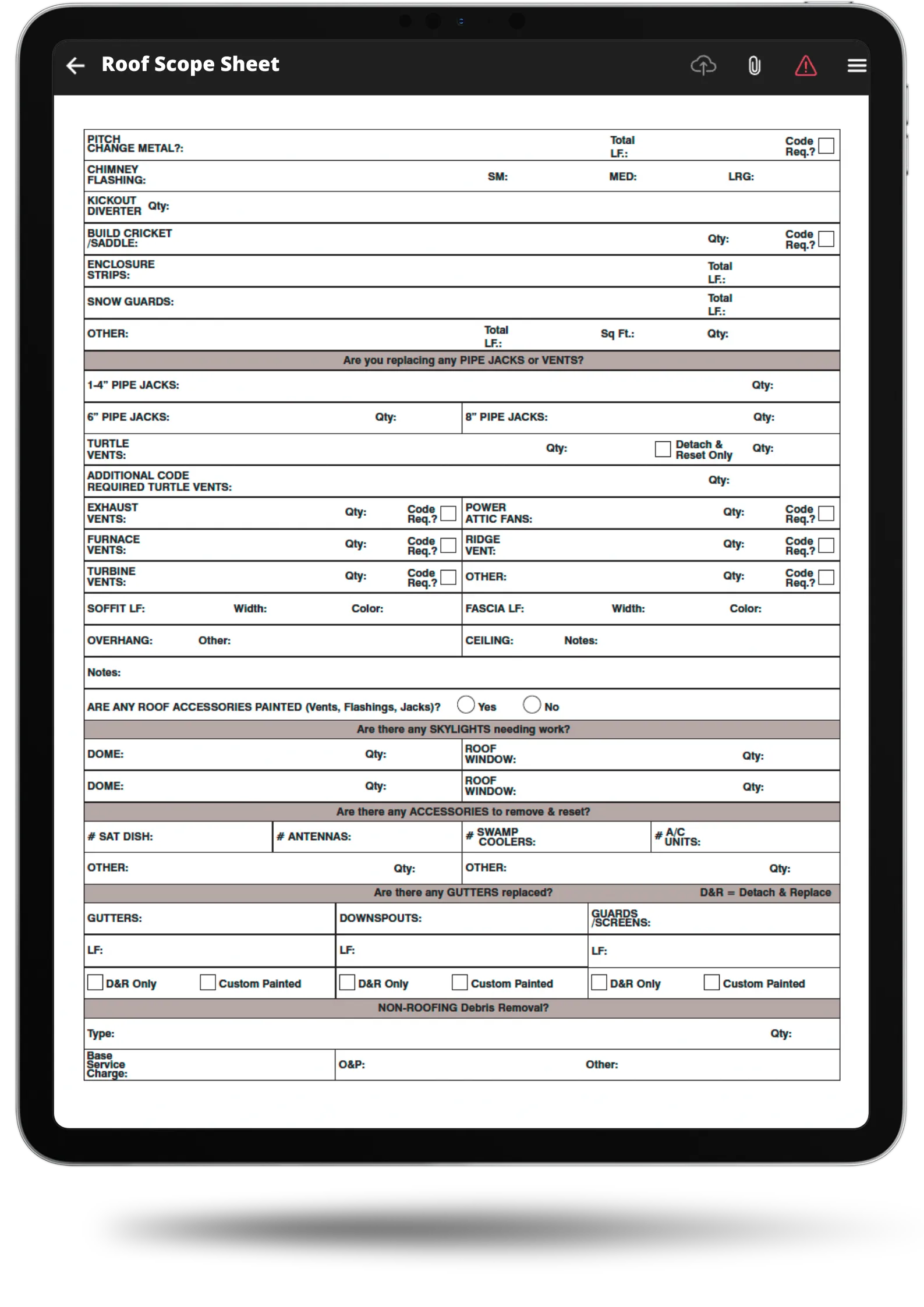 A templates-library interface showing a roofing inspection form