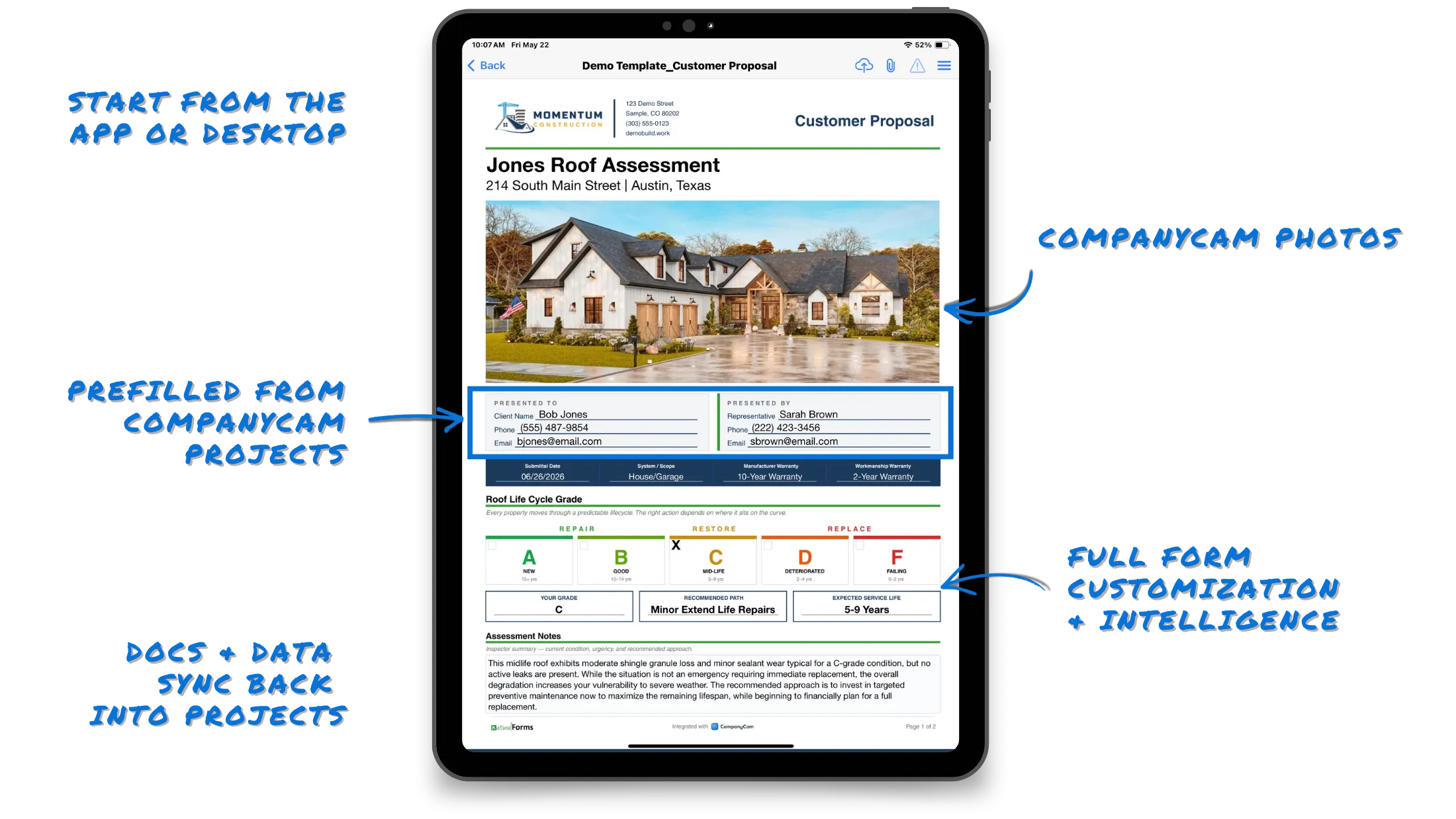 naturalForms Service Agreement form on an iPad, prefilled from a CompanyCam project, with benefit highlights showing the integration value